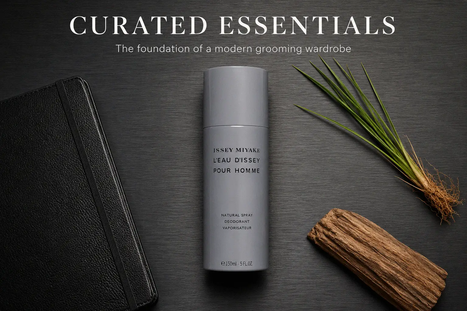 Sleek Issey Miyake L'Eau d'Issey Pour Homme deodorant spray bottle on a minimalist bathroom shelf.