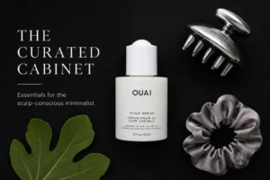 A 2 fl oz bottle of Ouai Scalp Serum sitting on a marble vanity with a minimalist grey and white label.