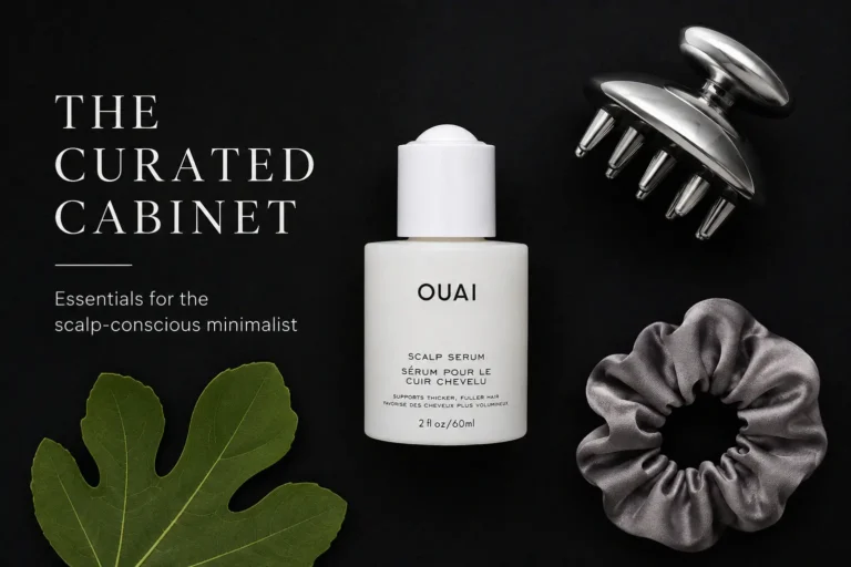 A 2 fl oz bottle of Ouai Scalp Serum sitting on a marble vanity with a minimalist grey and white label.