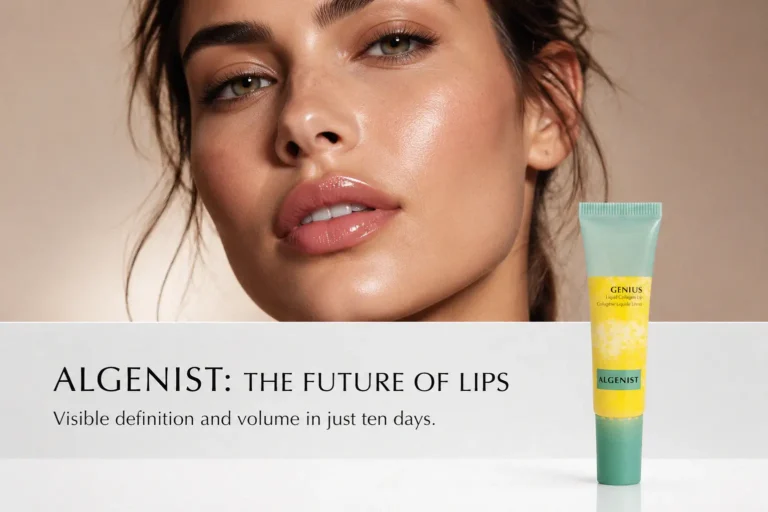 A sleek tube of Algenist Genius Liquid Collagen Lip Treatment with a cooling ceramic tip on a polished surface.
