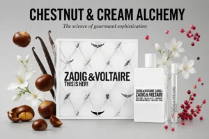 Zadig & Voltaire This Is Her gift set featuring a white perfume bottle and matching body lotion tube on a white base.