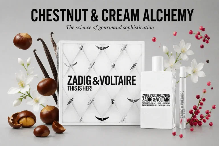 Zadig & Voltaire This Is Her gift set featuring a white perfume bottle and matching body lotion tube on a white base.