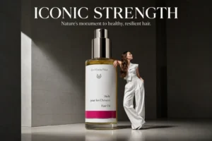A 75ml glass bottle of Dr. Hauschka Hair Oil with a pump dispenser against a clean vanity backdrop.