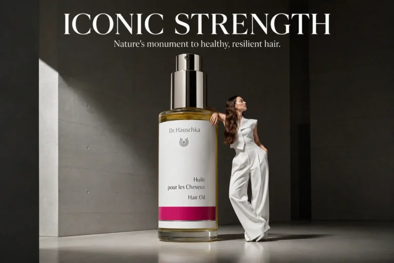 A 75ml glass bottle of Dr. Hauschka Hair Oil with a pump dispenser against a clean vanity backdrop.