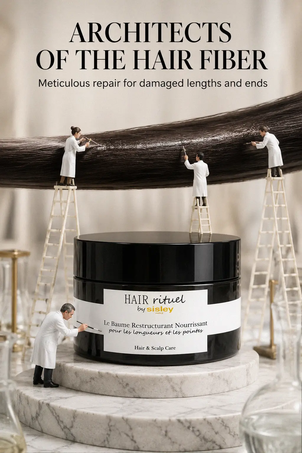 Luxury hair treatment jar on a white vanity