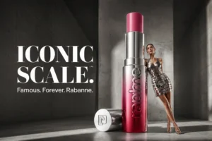 Sleek Rabanne Famous Lipcolor Matte lipstick tube showing rich matte texture on a clean surface.