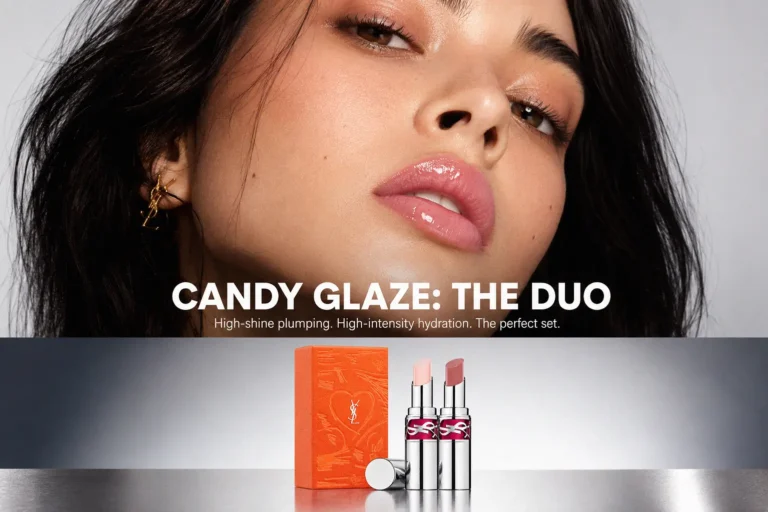 Two gold YSL lip gloss tubes standing on a white surface with a soft glossy reflection.