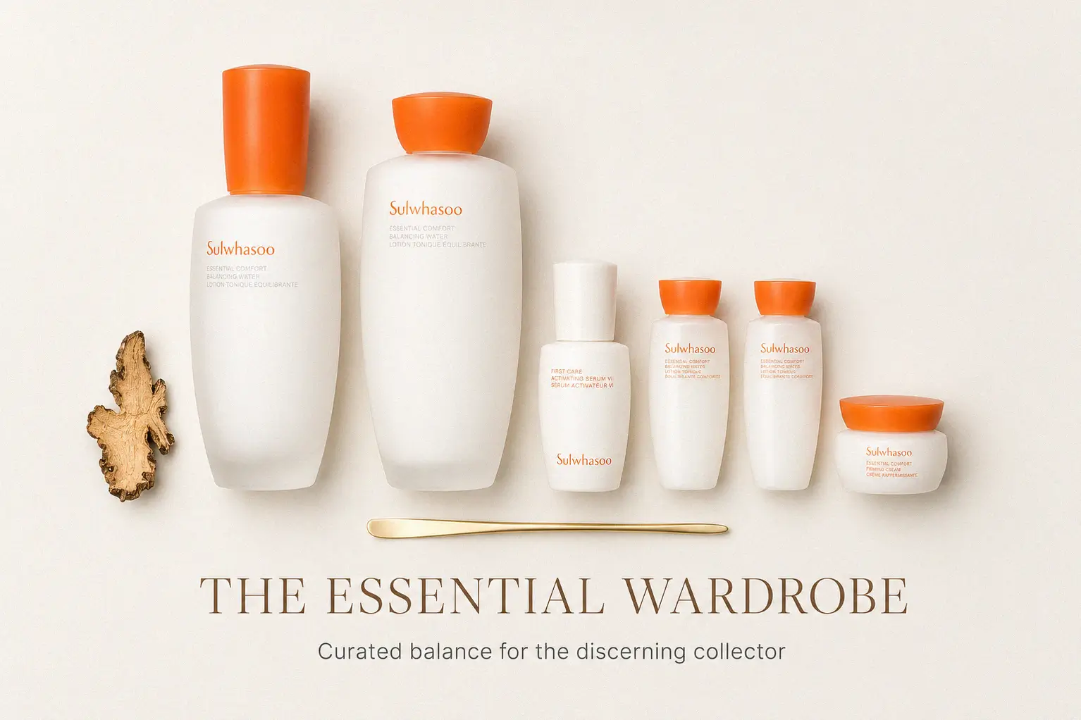 Six Sulwhasoo skincare bottles from the Essential Comfort Daily Routine Set arranged on a clean white surface.