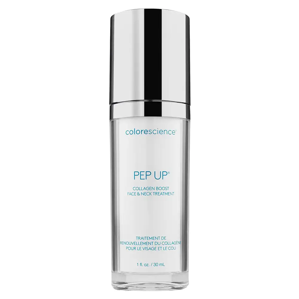 The Colorescience Pep Up Collagen Renewal Treatment bottle on a marble vanity