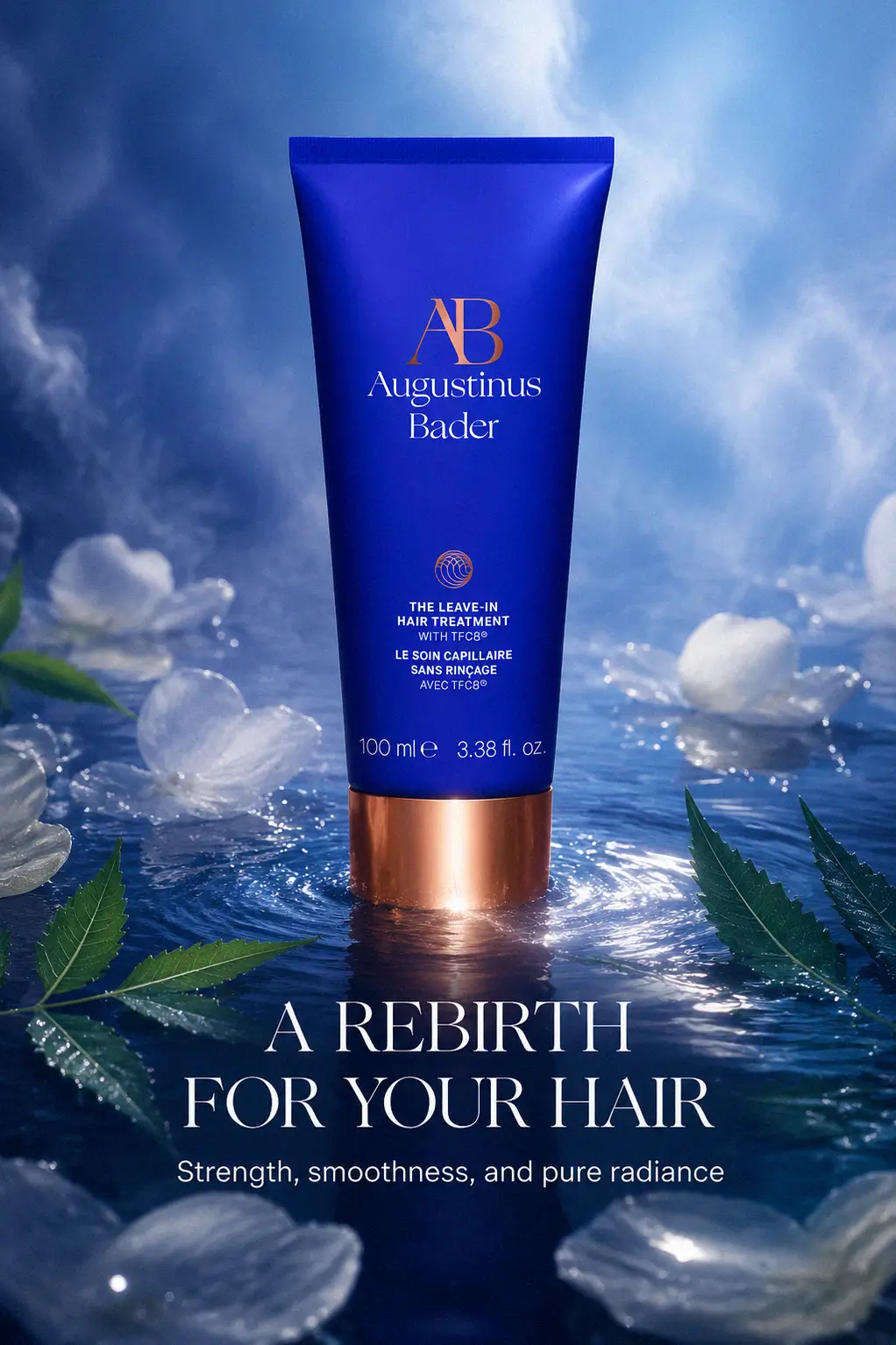 Augustinus Bader hair care bottle in a bright setting