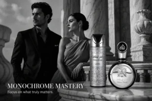 A 3-piece Lattafa Fakhar fragrance set in a black box with silver details, featuring perfume, deodorant, and hair mist.