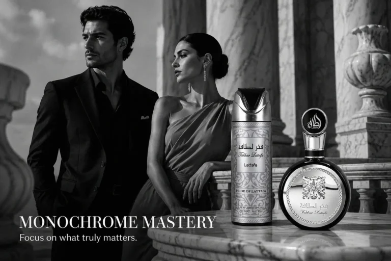 A 3-piece Lattafa Fakhar fragrance set in a black box with silver details, featuring perfume, deodorant, and hair mist.