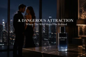A large dark blue gradient bottle of Christian Dior Sauvage cologne with a black magnetized cap.