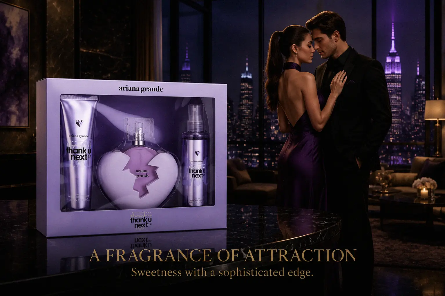Ariana Grande Thank U Next 2.0 Gift Set featuring perfume, body mist, and body soufflé in pink packaging.