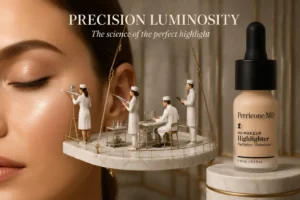 A frosted bottle of Perricone MD No Makeup Highlighter showing the sheer liquid-gel texture.