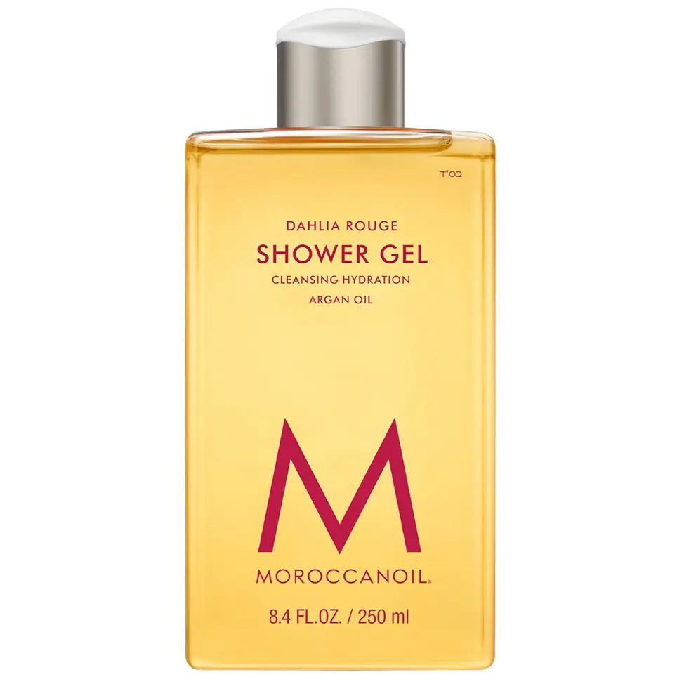Moroccanoil Dahlia Rouge Shower Gel in a luxury bathroom setting