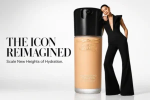 MAC Studio Radiance Serum-Powered Foundation in a premium glass bottle with a pump dispenser.