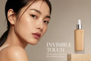 Kjaer Weis Invisible Touch Foundation glass bottle with pipette on a clean, luxury vanity setup.