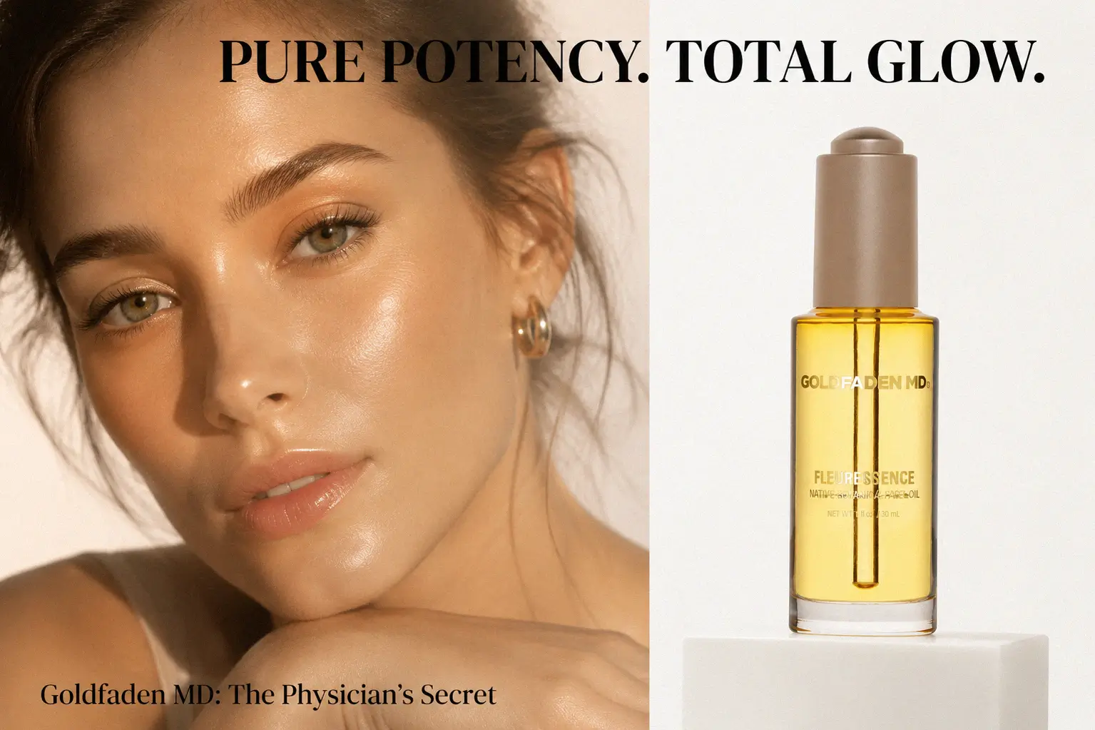 A clear glass dropper bottle of Goldfaden MD Fleuressence Cell Oil resting on a polished white marble surface.