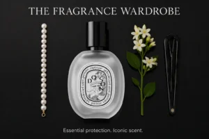 A minimalist Diptyque Do Son Hair Mist bottle sitting on a marble vanity next to a white tuberose flower.