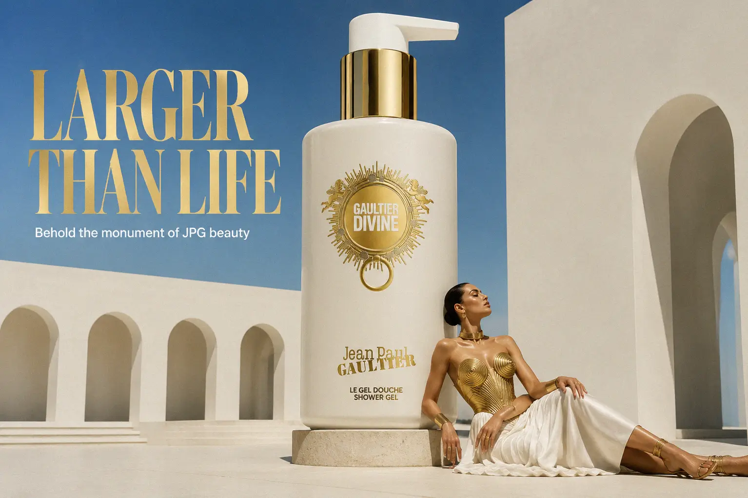 Jean Paul Gaultier Divine Shower Gel bottle with its signature gold-tone accents on a white surface.