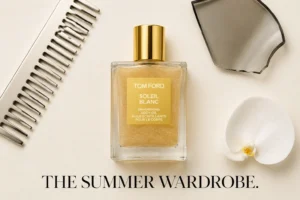 A glass bottle of Tom Ford Soleil Blanc Shimmering Body Oil showing suspended gold particles and a white label.