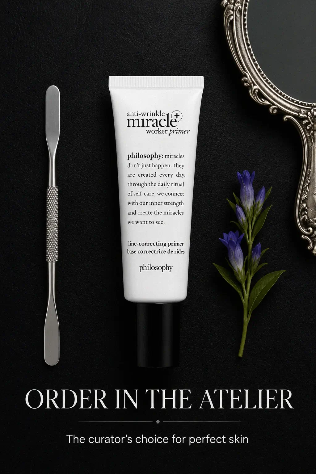 Philosophy primer bottle on a luxury vanity