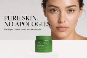 Jar of Farmacy Green Clean Cleansing Balm on a white marble vanity surrounded by fresh green botanicals.