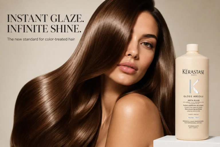 A sleek bottle of Kerastase Gloss Absolu Insta Glaze Conditioner on a polished bathroom shelf.