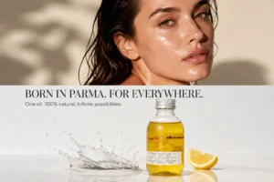 Minimalist bottle of Davines Authentic Nourishing Oil on a clean white bathroom shelf with soft lighting.