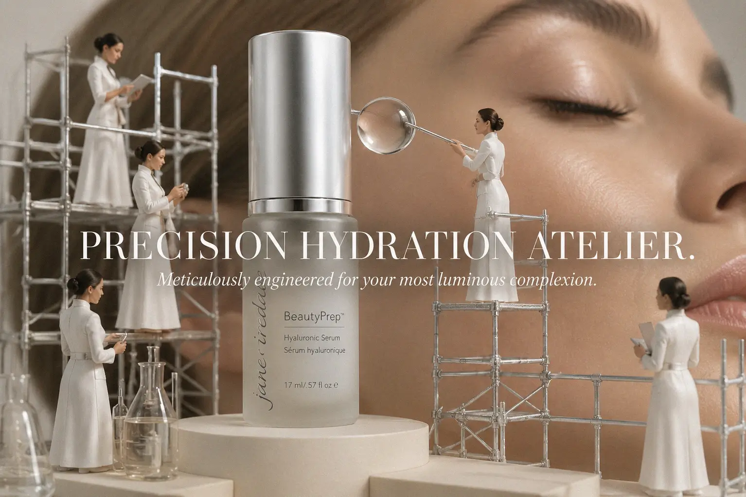A sleek jane iredale BeautyPrep Hyaluronic Serum pump bottle on a clean, minimalist skincare vanity.