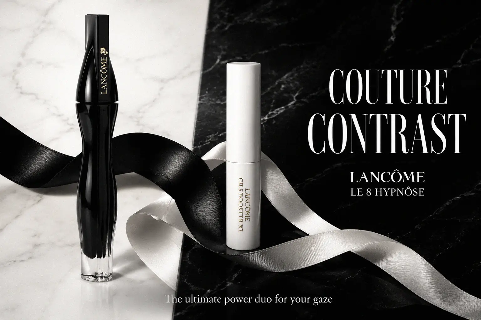Lancôme Le 8 Hypnôse glass mascara tube and Cils Booster XL primer displayed on a clean surface.