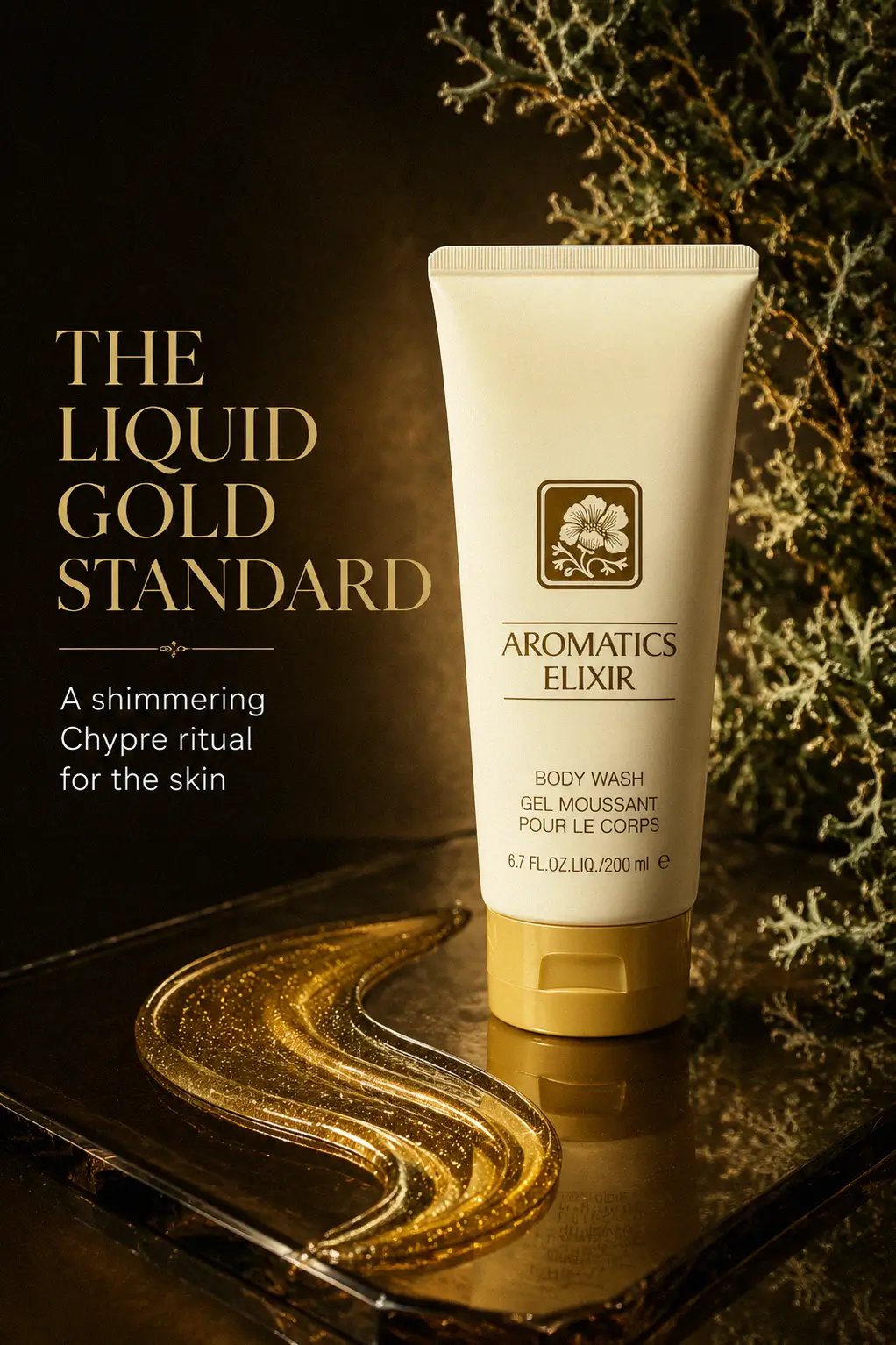 An editorial arrangement of the Clinique Aromatics Elixir bottle