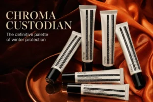 A sleek aluminum tube of Aesop Cedar & Citrus Lip Salve on a clean white vanity surface.