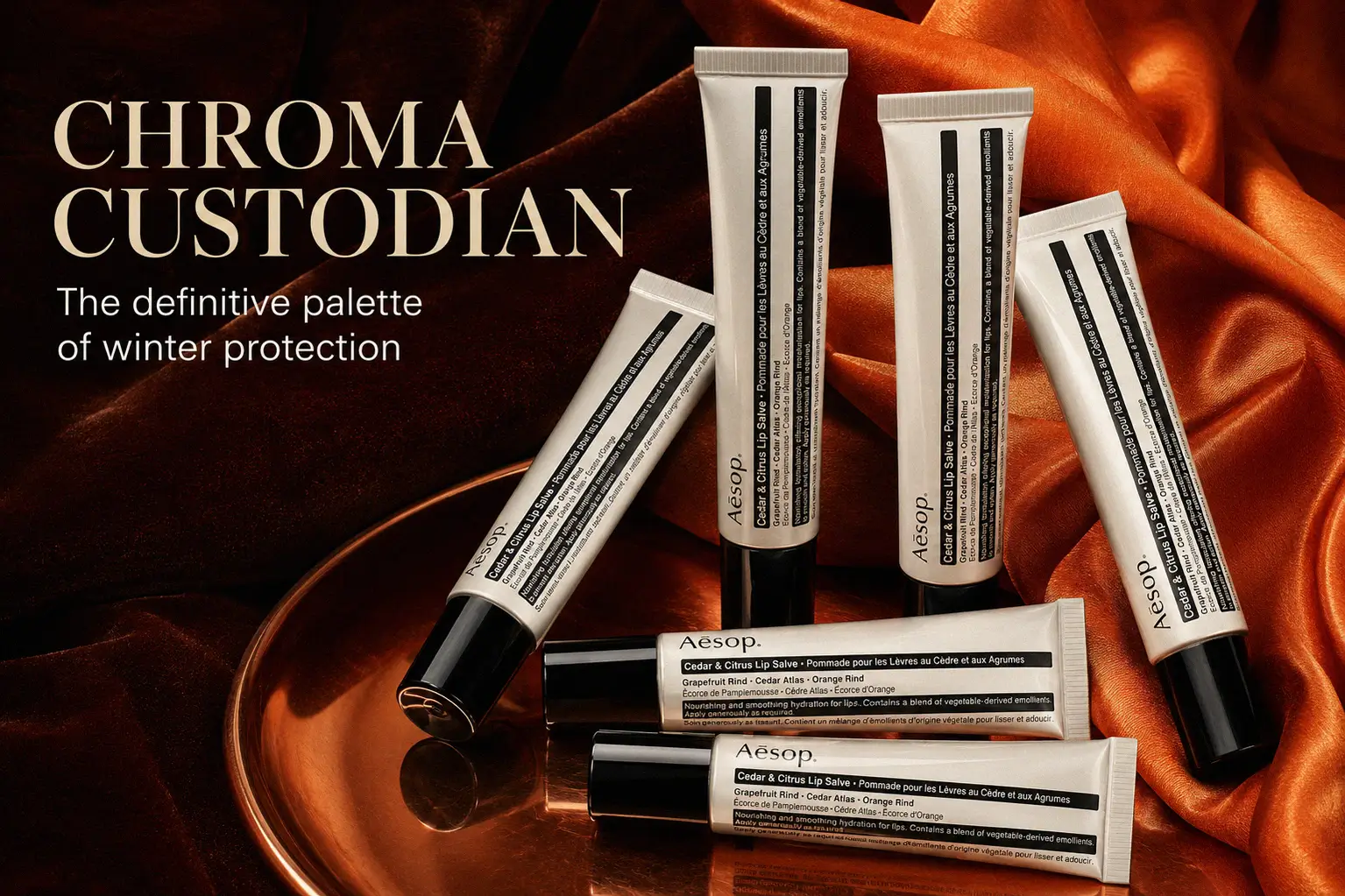 A sleek aluminum tube of Aesop Cedar & Citrus Lip Salve on a clean white vanity surface.