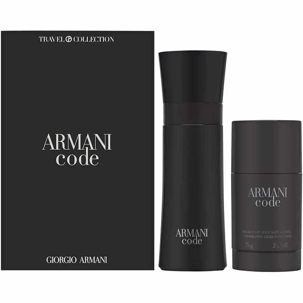 Armani Code Travel Collection Gift Set on a marble vanity