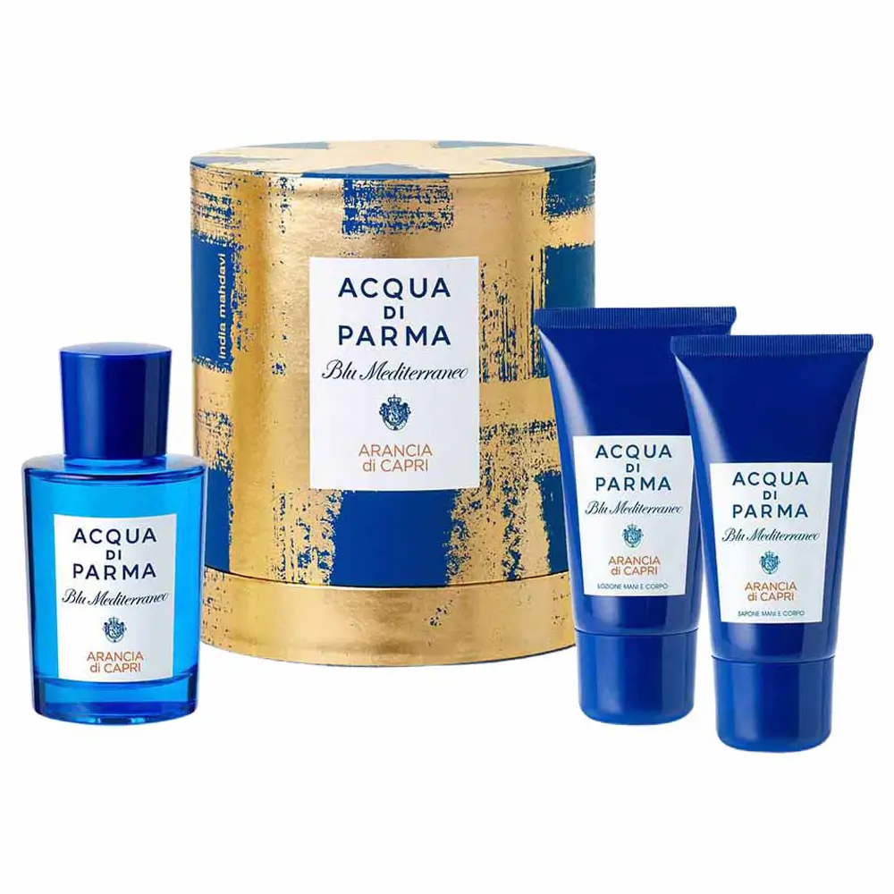 The Acqua Di Parma Arancia di Capri Gift Set on a polished vanity