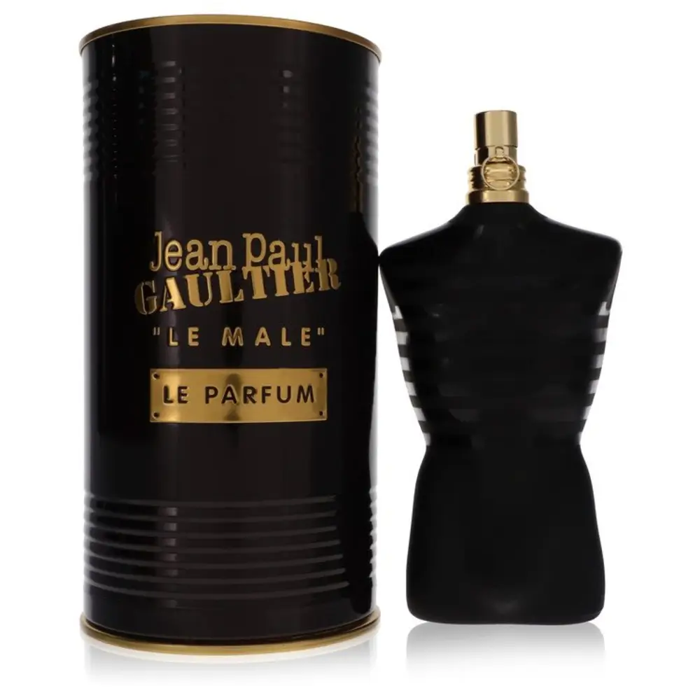 The iconic black and gold bottle of Le Male Le Parfum Eau de Parfum