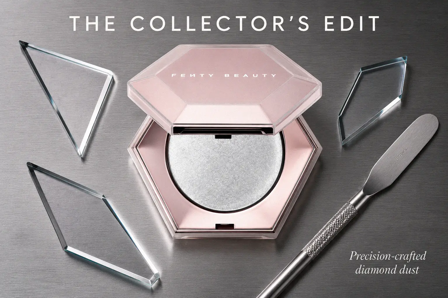 A faceted jewel-like compact opening to reveal a glittering silver Fenty Beauty highlighter powder.