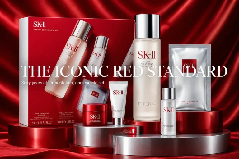 SK-II PITERA Bestsellers Set displayed with a silver essence bottle and white skincare containers.