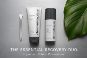 Two Dermalogica tubes, a cream and a masque, arranged neatly on a clean, white surface for a skincare routine.