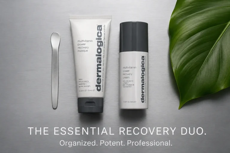 Two Dermalogica tubes, a cream and a masque, arranged neatly on a clean, white surface for a skincare routine.