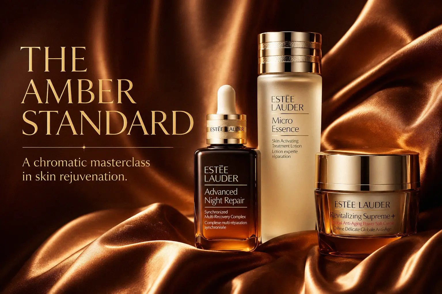 Estee Lauder Advanced Night Repair Essentials Set featuring three gold and brown skincare bottles on a clean surface.