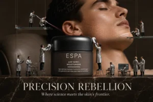 A sleek 35ml pump bottle of ESPA Age Rebel Moisturiser on a clean, modern bathroom vanity.