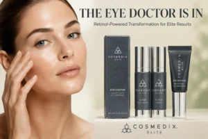 Sleek bottle of COSMEDIX Elite Eye Doctor High Potency Eye Treatment on a minimalist marble vanity surface.