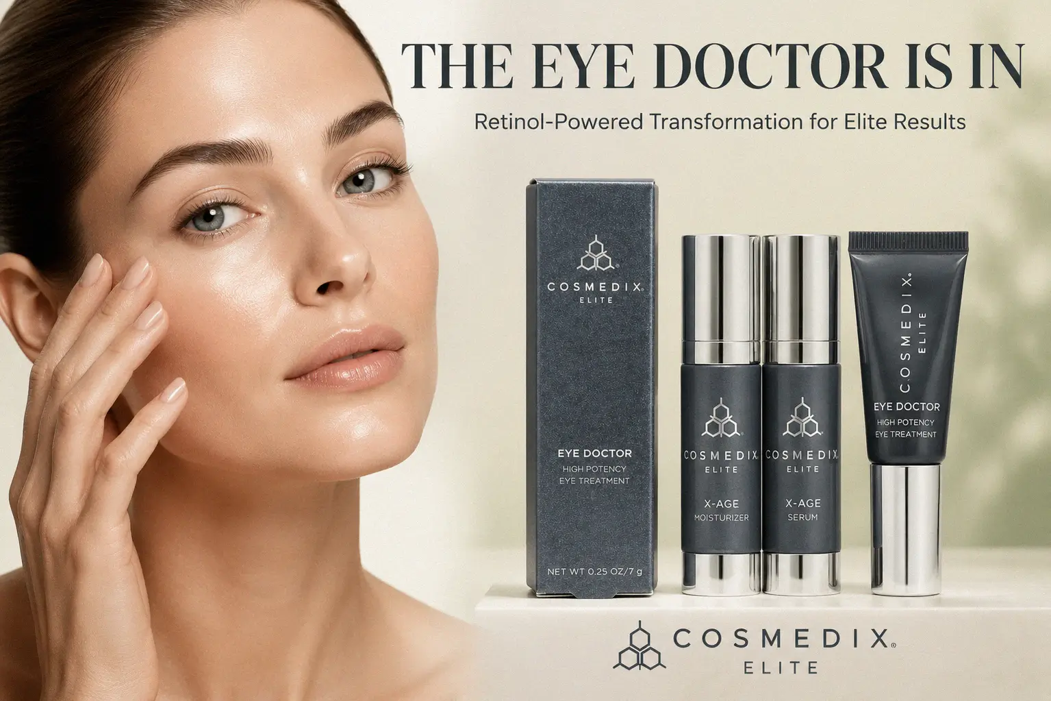 Sleek bottle of COSMEDIX Elite Eye Doctor High Potency Eye Treatment on a minimalist marble vanity surface.