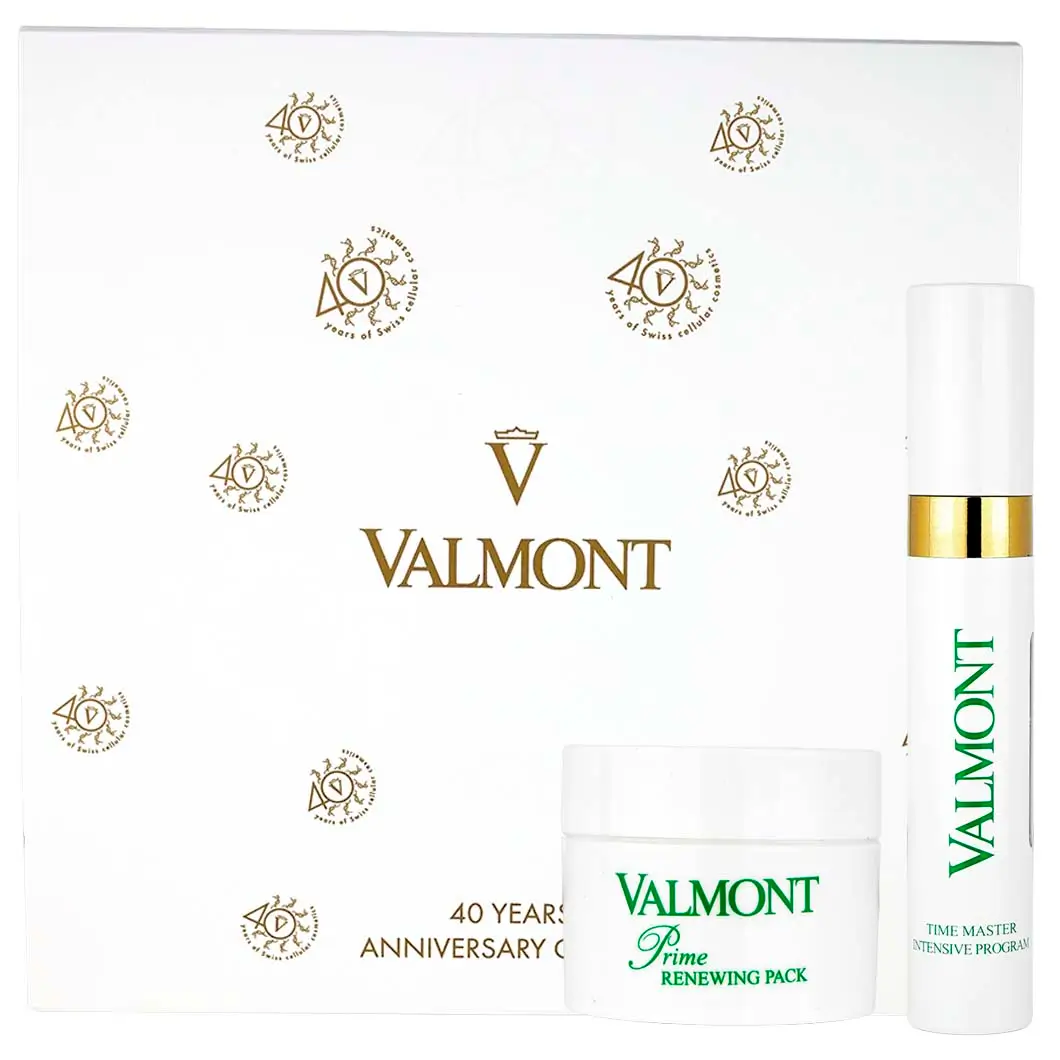 The Valmont 40 Years Anniversary Gift Set on a marble surface