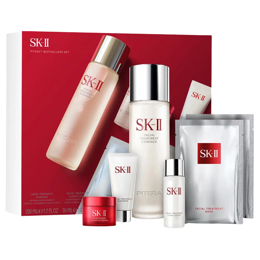 A collection of luxury skincare featuring the SK-II PITERA Bestsellers Set