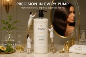 Large 32 oz white bottle of Philip B Peppermint Avocado Conditioner on a marble shelf.