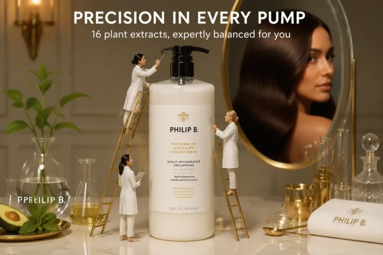 Large 32 oz white bottle of Philip B Peppermint Avocado Conditioner on a marble shelf.